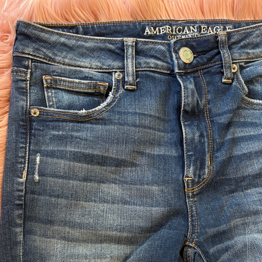American Eagle Outfitters Hi-Rise Slim Flare Distressed Blue Jeans, Size 6 - Picture 6 of 14